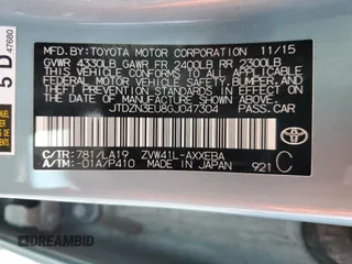 2016 Toyota Prius Two z VIN JTDZN3EU8GJ047304, wystawiony jako Copart lot #58727465 z przebiegiem 113 403 mil mil oraz Szkoda całkowita • Salvage title. Historia ofert i sprzedaży dostępna na DreamBid. Obrazek 13.