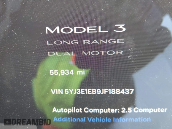 2018 Tesla Model 3 Long Range Battery with VIN 5YJ3E1EB9JF188437, listed as a IAAI auction lot 41371254 with 55,934 mi miles and . Bid and sale history available at DreamBid. Image 7.