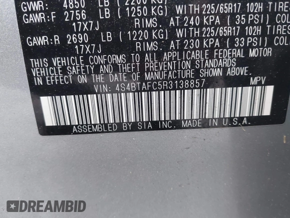 2024 Subaru Outback Premium with VIN 4S4BTAFC5R3138857, listed as a IAAI auction lot 42323614 with 4,878 mi miles and . Bid and sale history available at DreamBid. Image 9.