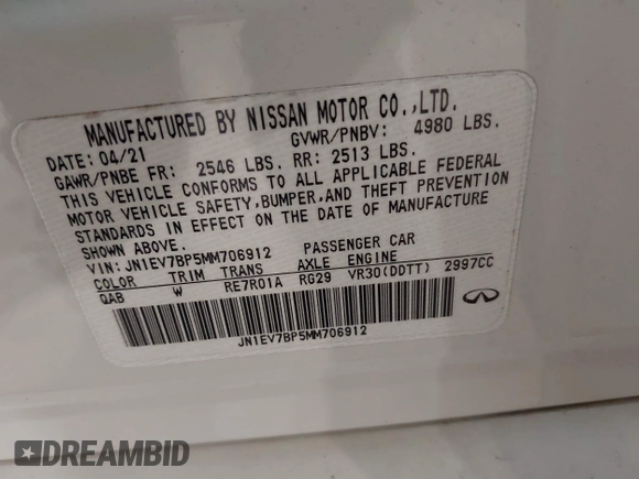 2021 Infiniti Q50 Luxe with VIN JN1EV7BP5MM706912, listed as a IAAI auction lot 41419631 with 40,233 mi miles and . Bid and sale history available at carsss.com. Image 9.