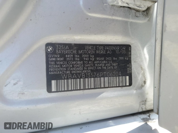 2006 BMW 3 Series 325i with VIN WBAVB13576PT06204, listed as a Copart auction lot 61874875 with Not provided miles and Salvage title. Bid and sale history available at DreamBid. Image 12.