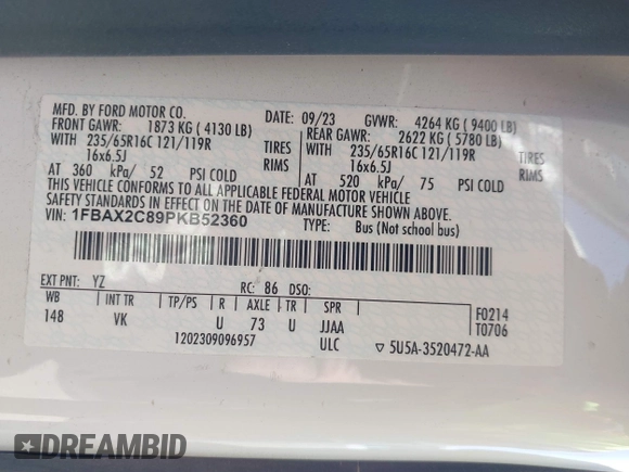 2024 Ford Transit Passenger XL with VIN 1FBAX2C89PKB52360, listed as a IAAI auction lot 41381594 with 43,067 mi miles and . Bid and sale history available at DreamBid. Image 9.