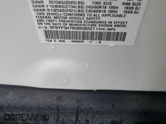 2016 Honda Pilot EX-L with VIN 5FNYF5H79GB030321, listed as a Copart auction lot 45589745 with Not Provided miles and Salvage Title. Bid and sale history available at DreamBid. Image 13.