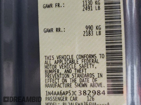 2018 Nissan Maxima S with VIN 1N4AA6AP5JC382984, listed as a Copart auction lot 59925705 with 91,925 mi miles and Salvage title. Bid and sale history available at DreamBid. Image 13.