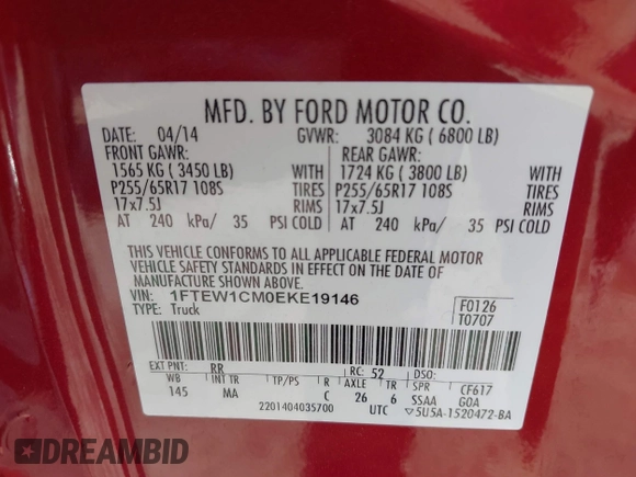 2014 Ford F-150 XL with VIN 1FTEW1CM0EKE19146, listed as a IAAI auction lot 41396390 with 101,715 mi miles. Bid and sale history available at carsss.com. Image 9.