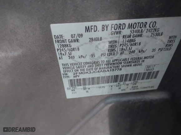2010 Ford Edge SEL with VIN 2FMDK3JC4ABA15778, listed as a IAAI auction lot 41734038 with 227,582 mi miles. Bid and sale history available at carsss.com. Image 9.