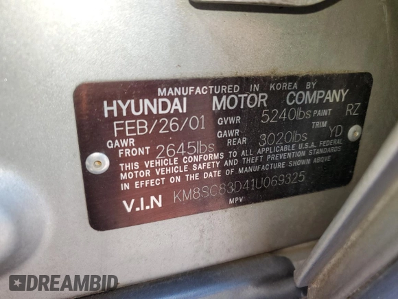 2001 Hyundai Santa Fe GLS with VIN KM8SC83D41U069325, listed as a Copart auction lot 54377815 with 51,574 mi miles and Clean Title. Bid and sale history available at carsss.com. Image 13.