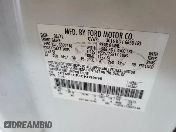2012 Ford F-150 XL with VIN 1FTMF1CF3CKD99095, listed as a IAAI auction lot 42843914 with 119,380 mi miles and . Bid and sale history available at DreamBid. Image 5.