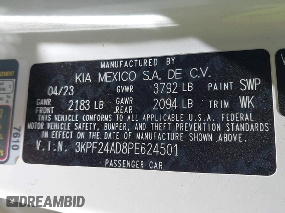 2023 Kia Forte LXS z VIN 3KPF24AD8PE624501, wystawiony jako IAAI lot #42376170 z przebiegiem 49 248 mil mil oraz . Historia ofert i sprzedaży dostępna na DreamBid. Obrazek 9.