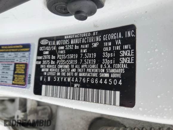 2015 Kia Sorento SX with VIN 5XYKW4A76FG644504, listed as a Copart auction lot 46346555 with 210,345 mi miles and Salvage Title. Bid and sale history available at carsss.com. Image 15.