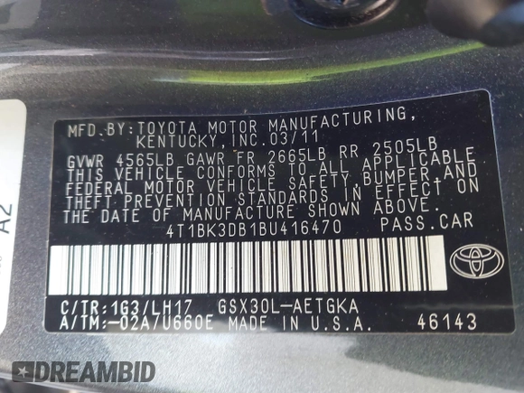 2011 Toyota Avalon with VIN 4T1BK3DB1BU416470, listed as a IAAI auction lot 41437269 with 201,775 mi miles and . Bid and sale history available at DreamBid. Image 9.