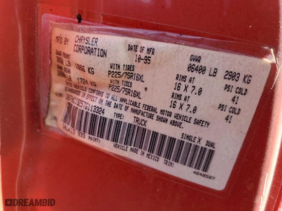 1996 Dodge Ram 1500 with VIN 3B7HC13Z5TG113324, listed as a Copart auction lot 86248504 with 0 mi miles and Non Repairable. Bid and sale history available at carsss.com. Image 13.