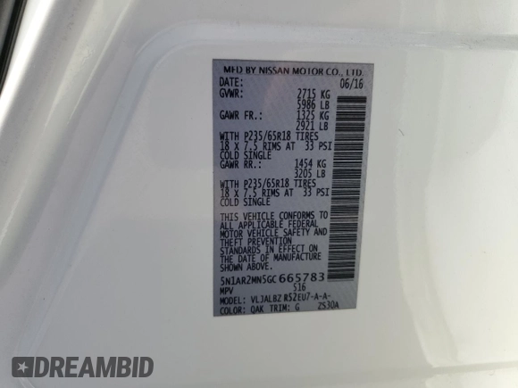2016 Nissan Pathfinder S with VIN 5N1AR2MN5GC665783, listed as a Copart auction lot 72045174 with 96,330 mi miles and Salvage title. Bid and sale history available at DreamBid. Image 14.