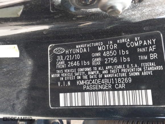 2011 Hyundai Genesis with VIN KMHGC4DE4BU118269, listed as a IAAI auction lot 42088835 with 145,600 mi miles. Bid and sale history available at carsss.com. Image 9.