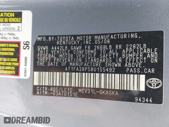 2008 Toyota Solara SE with VIN 4T1FA38P58U155492, listed as a IAAI auction lot 42011874 with 151,817 mi miles. Bid and sale history available at carsss.com. Image 9.