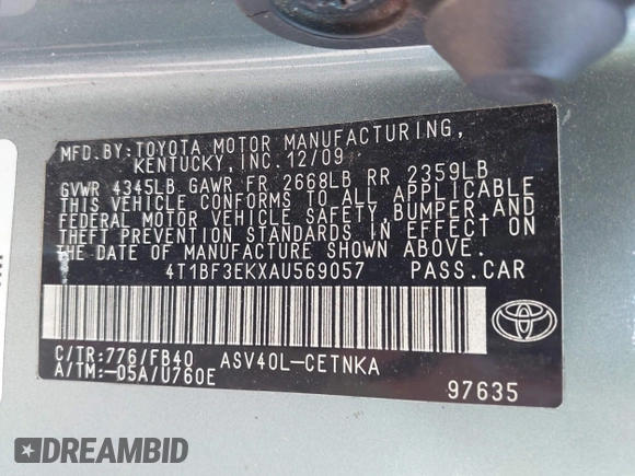 2010 Toyota Camry with VIN 4T1BF3EKXAU569057, listed as a IAAI auction lot 42075030 with 135,937 mi miles and . Bid and sale history available at DreamBid. Image 9.