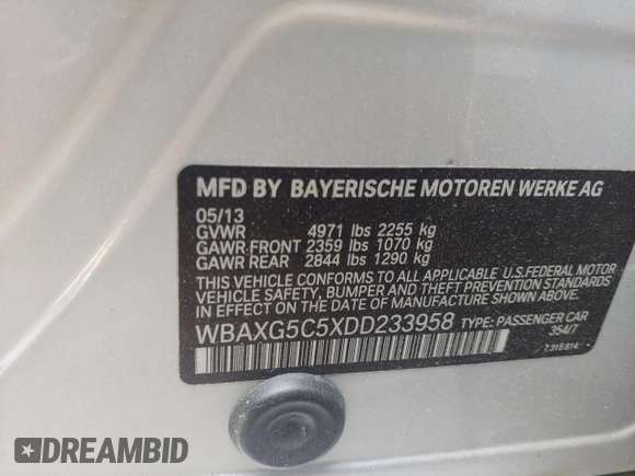 2013 BMW 5 Series 528i with VIN WBAXG5C5XDD233958, listed as a Copart auction lot 54002195 with 103,543 mi miles and Clean Title. Bid and sale history available at carsss.com. Image 10.
