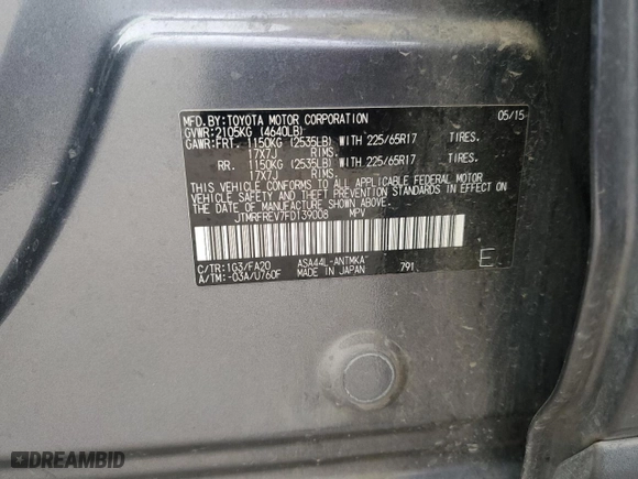 2015 Toyota RAV4 XLE with VIN JTMRFREV7FD139008, listed as a Copart auction lot 52997825 with 169,369 mi miles and Salvage Title. Bid and sale history available at carsss.com. Image 15.
