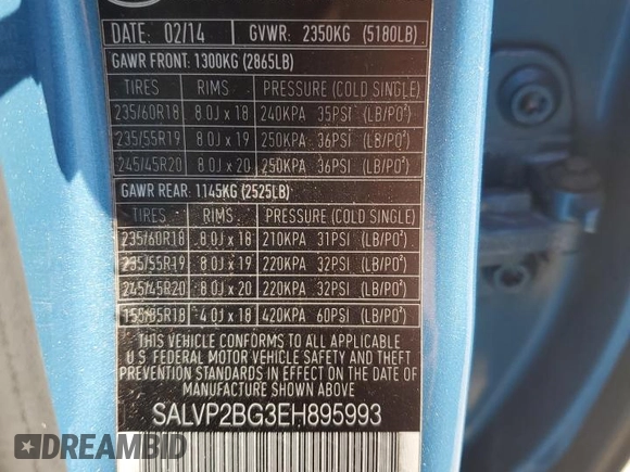 2014 Land Rover Range Rover Evoque Pure Plus with VIN SALVP2BG3EH895993, listed as a Copart auction lot 56411675 with 82,755 mi miles and Salvage title. Bid and sale history available at DreamBid. Image 13.