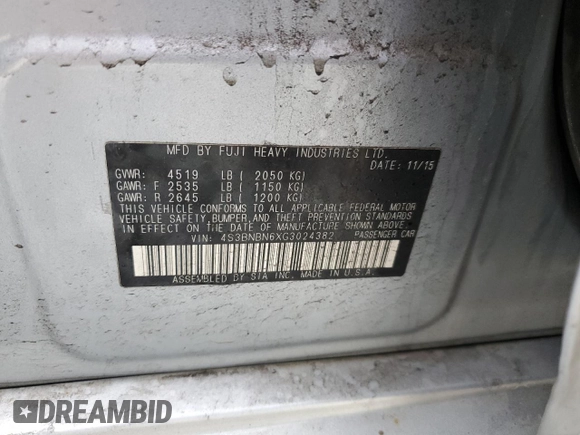 2016 Subaru Legacy Limited with VIN 4S3BNBN6XG3024382, listed as a Copart auction lot 59534995 with 106,048 mi miles and Salvage title. Bid and sale history available at DreamBid. Image 12.