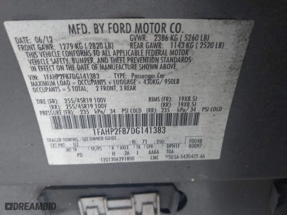 2013 Ford Taurus Limited with VIN 1FAHP2F87DG141383, listed as a IAAI auction lot 40200514 with 158,326 mi miles. Bid and sale history available at carsss.com. Image 9.