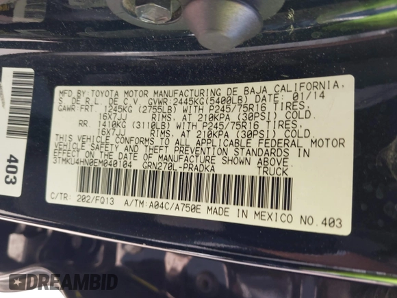 2014 Toyota Tacoma PreRunner with VIN 3TMKU4HN0EM040104, listed as a IAAI auction lot 41619179 with 171,542 mi miles and . Bid and sale history available at DreamBid. Image 9.