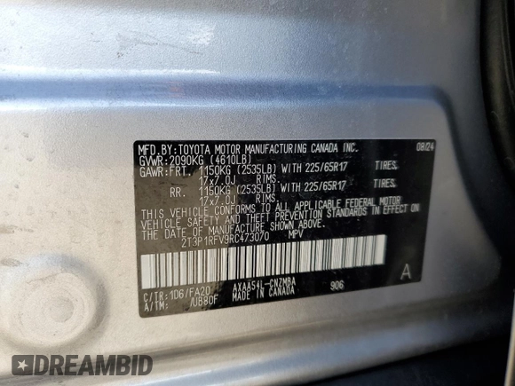 2024 Toyota RAV4 XLE with VIN 2T3P1RFV9RC473070, listed as a Copart auction lot 47891675 with 7,188 mi miles and Salvage Title. Bid and sale history available at DreamBid. Image 14.