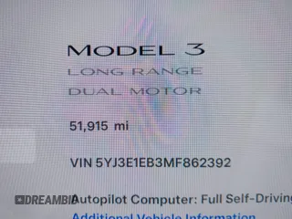 2021 Tesla Model 3 Long Range with VIN 5YJ3E1EB3MF862392, listed as a IAAI auction lot 41765987 with 51,915 mi miles and . Bid and sale history available at DreamBid. Image 14.