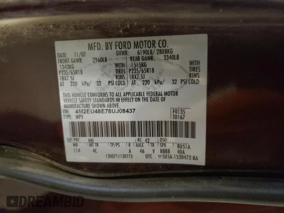 2008 Mercury Mountaineer Premier with VIN 4M2EU48E78UJ08437, listed as a Copart auction lot 77126764 with 0 mi miles and Salvage Title. Bid and sale history available at carsss.com. Image 13.