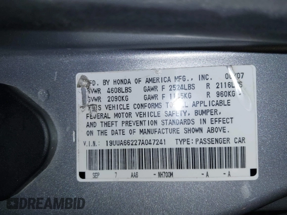 2007 Acura TL with VIN 19UUA66227A047241, listed as a IAAI auction lot 41978152 with 220,030 mi miles. Bid and sale history available at carsss.com. Image 9.