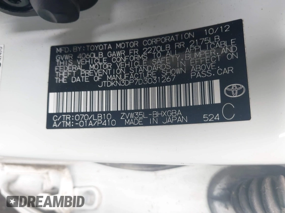 2013 Toyota Prius z VIN JTDKN3DP7D3031267, wystawiony jako IAAI lot #42265759 z przebiegiem 101 339 mil mil oraz . Historia ofert i sprzedaży dostępna na DreamBid. Obrazek 9.