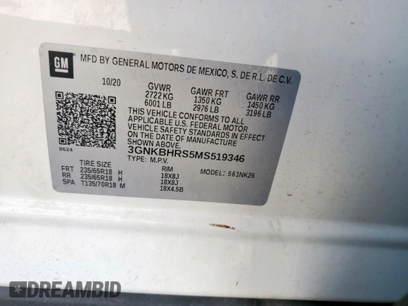 2021 Chevrolet Blazer LT with VIN 3GNKBHRS5MS519346, listed as a Copart auction lot 62843335 with 243,126 mi miles and Clean title. Bid and sale history available at DreamBid. Image 12.