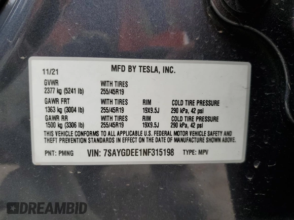 2022 Tesla Model Y Long Range with VIN 7SAYGDEE1NF315198, listed as a Copart auction lot 50399005 with 33,357 mi miles and Salvage Title. Bid and sale history available at DreamBid. Image 14.