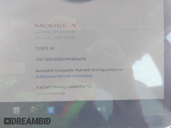 2023 Tesla Model Y Long Range with VIN 7SAYGDEE3PF900030, listed as a IAAI auction lot 41147192 with 13,903 mi miles and . Bid and sale history available at DreamBid. Image 7.
