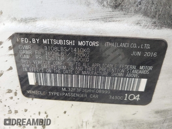 2017 Mitsubishi Mirage ES with VIN ML32F3FJ6HHF08999, listed as a IAAI auction lot 42234559 with 95,842 mi miles and . Bid and sale history available at DreamBid. Image 9.