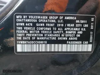 2012 Volkswagen Passat SE with VIN 1VWBH7A33CC008015, listed as a Copart auction lot 84952004 with 195,051 mi miles and Salvage Title. Bid and sale history available at carsss.com. Image 14.