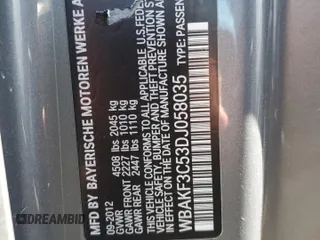 2013 BMW 3 Series 328i xDrive with VIN WBAKF3C53DJ058035, listed as a Copart auction lot 71995124 with 117,208 mi miles and Salvage Title. Bid and sale history available at carsss.com. Image 12.