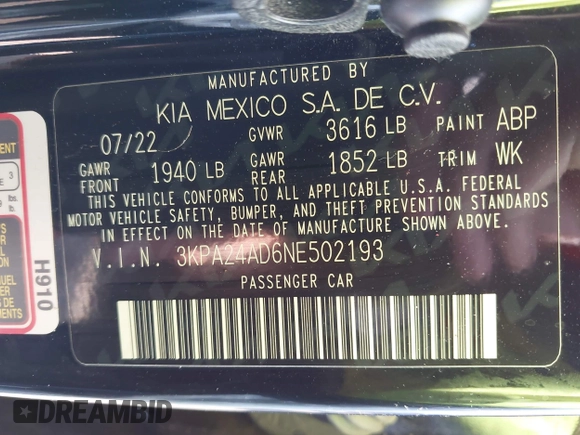 2022 Kia Rio S with VIN 3KPA24AD6NE502193, listed as a IAAI auction lot 42081391 with 18,683 mi miles and . Bid and sale history available at carsss.com. Image 9.