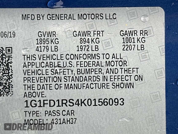 2019 Chevrolet Camaro 2LT with VIN 1G1FD1RS4K0156093, listed as a Copart auction lot 45787255 with 33,560 mi miles and Salvage Title. Bid and sale history available at carsss.com. Image 10.