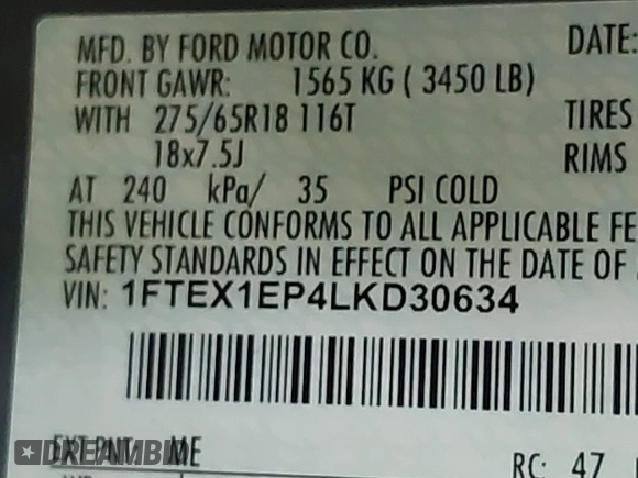 2020 Ford F-150 XL with VIN 1FTEX1EP4LKD30634, listed as a IAAI auction lot 42385201 with 82,172 mi miles and . Bid and sale history available at DreamBid. Image 9.