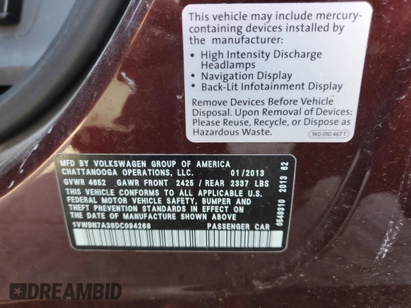 2013 Volkswagen Passat SE with VIN 1VWBN7A38DC094268, listed as a Copart auction lot 54378765 with 172,105 mi miles and Clean title. Bid and sale history available at DreamBid. Image 12.