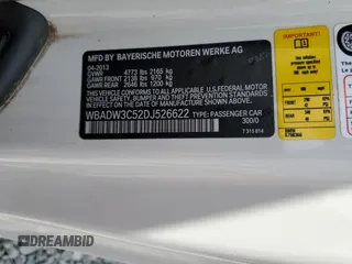 2013 BMW 3 Series 328i with VIN WBADW3C52DJ526622, listed as a Copart auction lot 61835555 with 42,342 mi miles and Salvage title. Bid and sale history available at DreamBid. Image 12.