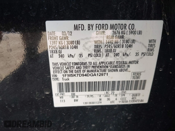 2013 Ford Explorer XLT with VIN 1FM5K7D94DGA12971, listed as a IAAI auction lot 41685485 with 153,146 mi miles and . Bid and sale history available at DreamBid. Image 9.