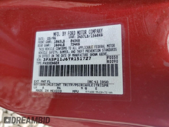 1996 Ford Escort z VIN 3FASP11J6TR151727, wystawiony jako Copart lot #55487725 z przebiegiem 118 276 mil mil oraz Nie do naprawy. Historia ofert i sprzedaży dostępna na DreamBid. Obrazek 12.
