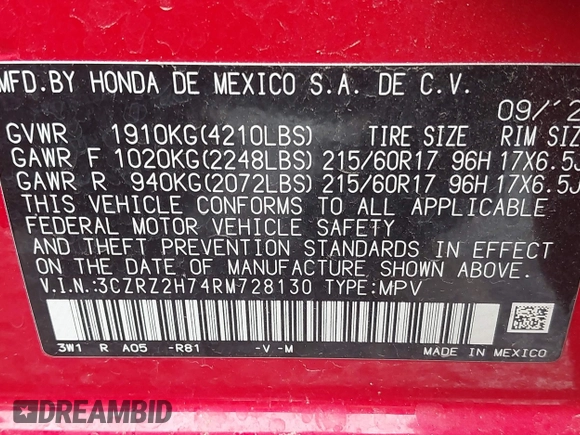 2024 Honda HR-V EX-L with VIN 3CZRZ2H74RM728130, listed as a IAAI auction lot 40420328 with 13,656 mi miles and . Bid and sale history available at DreamBid. Image 9.
