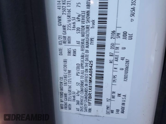 2021 Ford Transit Cargo with VIN 1FTBR1X81MKA08425, listed as a Copart auction lot 46747235 with 84,318 mi miles and Salvage Title. Bid and sale history available at DreamBid. Image 10.