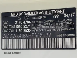 2017 Mercedes-Benz C 300 with VIN WDDWK4JB9HF565129, listed as a IAAI auction lot 42032018 with Not Provided miles and . Bid and sale history available at DreamBid. Image 9.