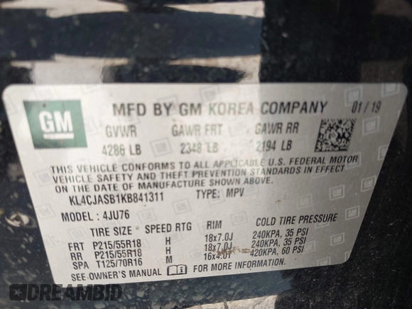 2019 Buick Encore Preferred with VIN KL4CJASB1KB841311, listed as a IAAI auction lot 41703460 with 70,382 mi miles. Bid and sale history available at carsss.com. Image 9.