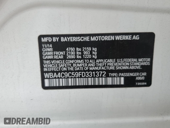 2015 BMW 4 Series 428i xDrive with VIN WBA4C9C59FD331372, listed as a Copart auction lot 58628665 with 81,245 mi miles and Salvage title. Bid and sale history available at DreamBid. Image 12.