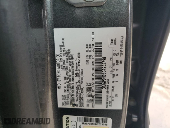 2016 Ford Fusion SE with VIN 3FA6P0H96GR253798, listed as a Copart auction lot 54318355 with 186,278 mi miles and Salvage Title. Bid and sale history available at carsss.com. Image 12.